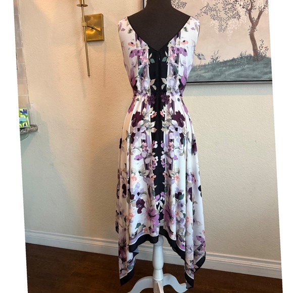 White House Black Market Floral Handkerchief Hem Midi Dress Purple White Size 4 - Picture 2 of 5